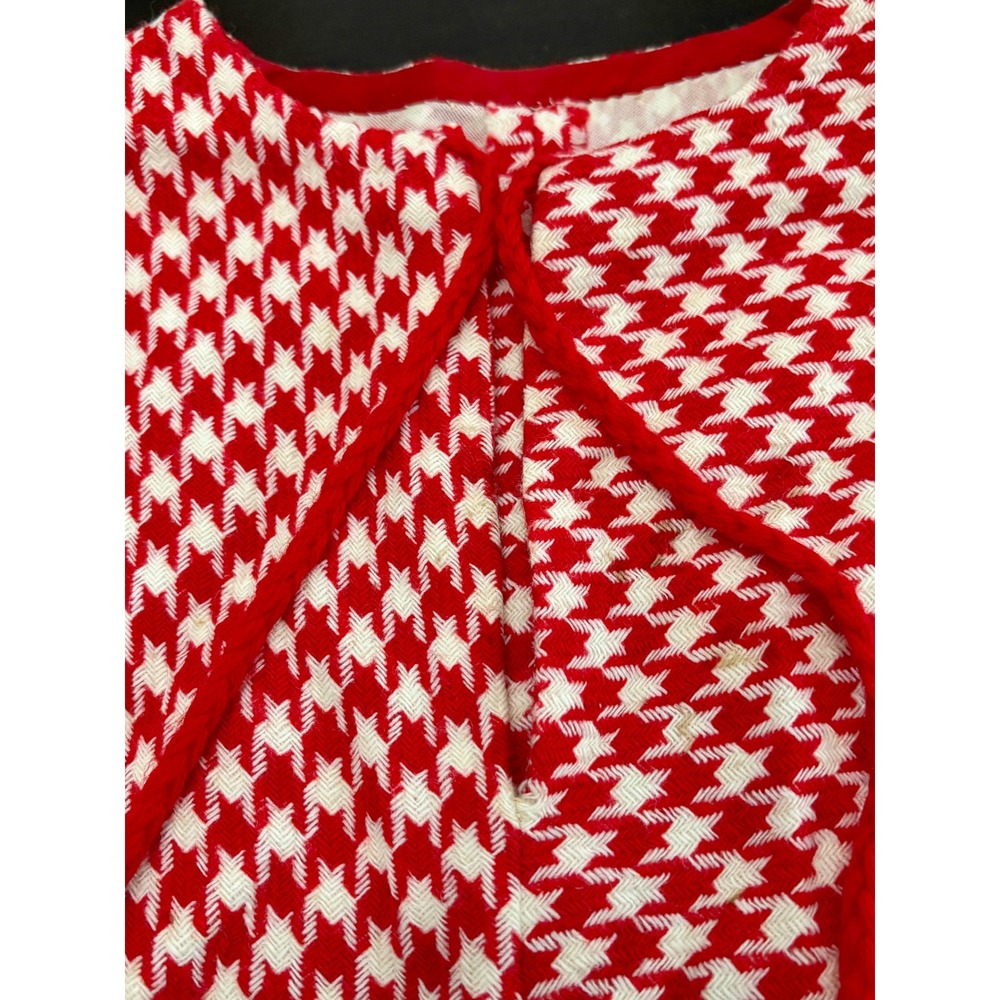 Vintage Unbranded Poncho Houndstooth Fringe Tassel Cream Red Retro Boho One Size - Picture 2 of 6